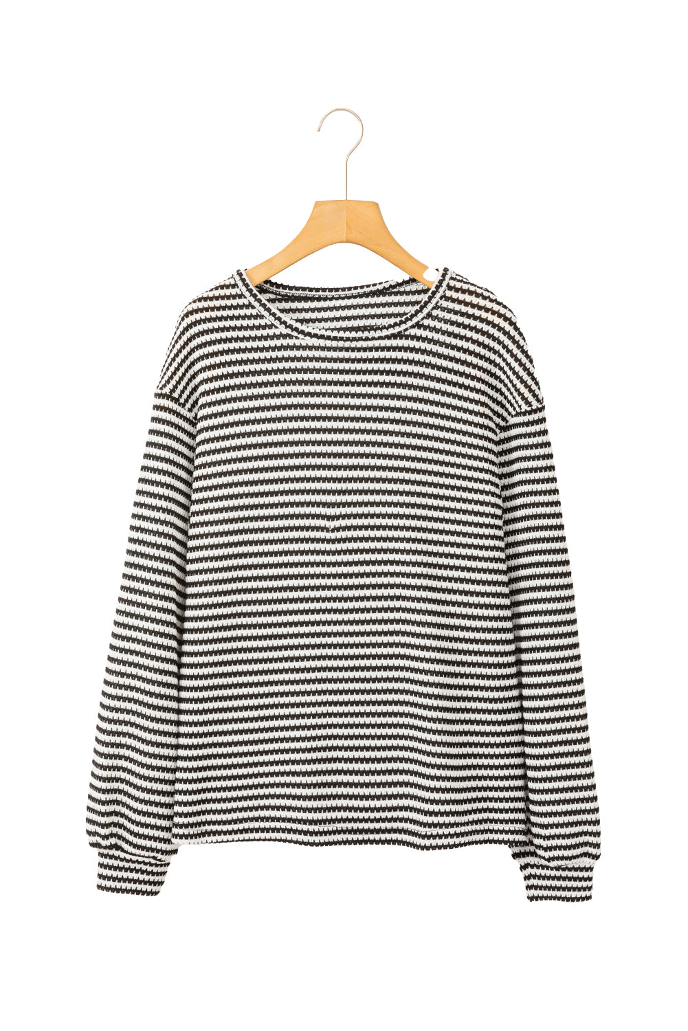 Black Striped Round Neck Drop Shoulder Long Sleeve Top