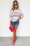 Khaki Striped Eyelet Pattern Drop Shoulder Sweater