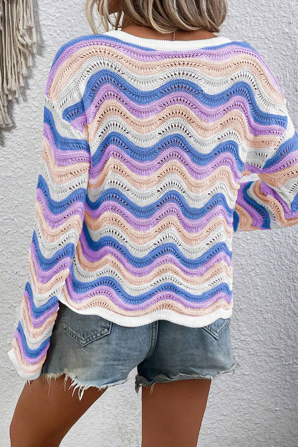 Purple Stripe Wavy Pointelle Knit Drop Shoulder Sweater