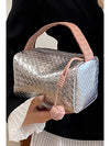 Silvery Lattice Texture Corded Ball Decor Weaven Handle Cosmetic Bag