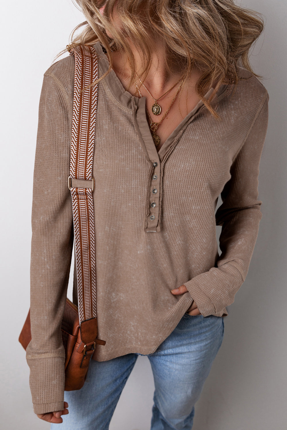 Smoke Green Casual V Neck Waffle Knit Top