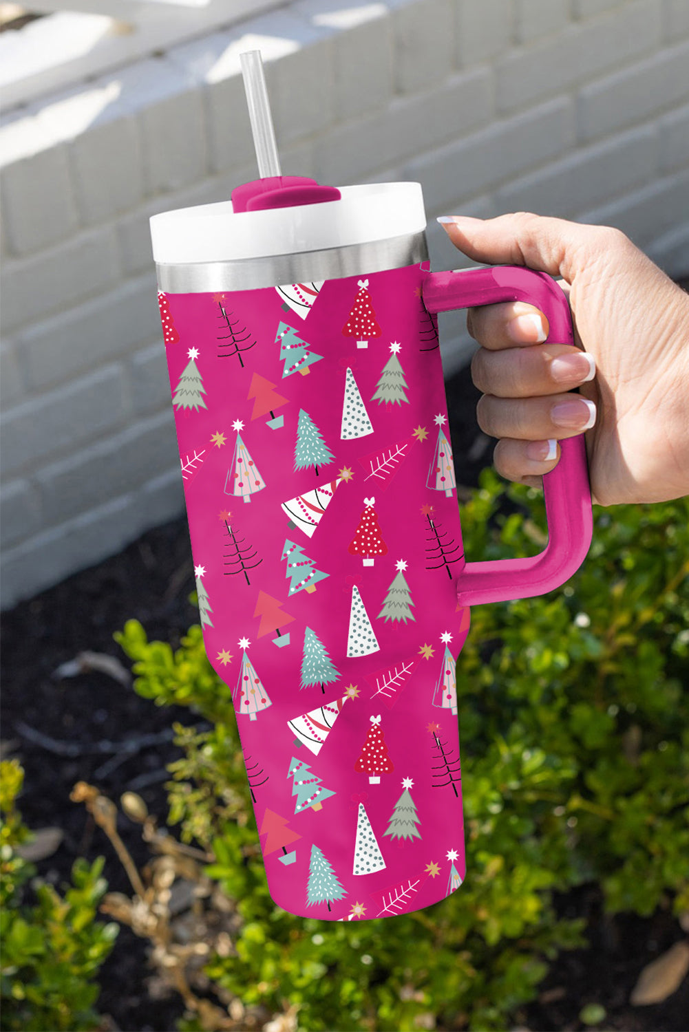 Rose Red Cartoon Christmas Tree Printed Thermos Cup