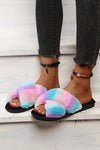 Pink Rainbow Striped Plush Cross Straps Slippers