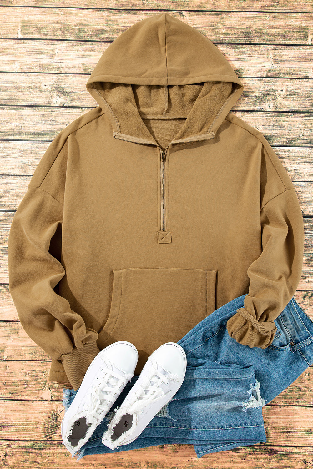 Smoke Green Half Zipper Kangaroo Pockets Drop Shoulder Hoodie