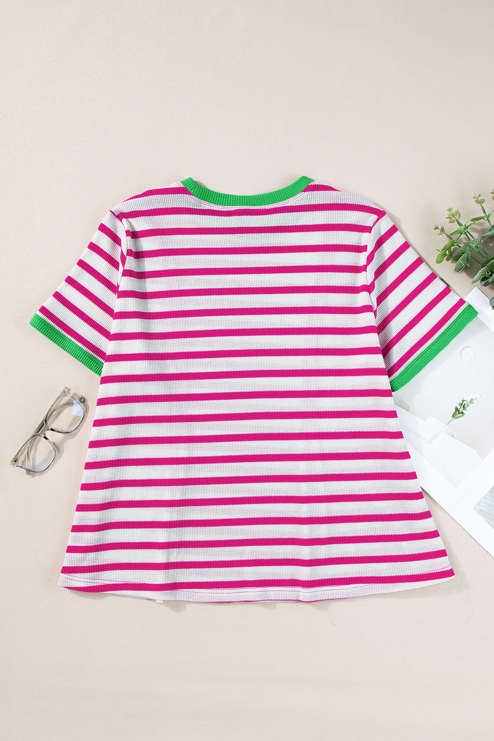 Rose Stripe Contrast Trim Crew Neck Knit Tee