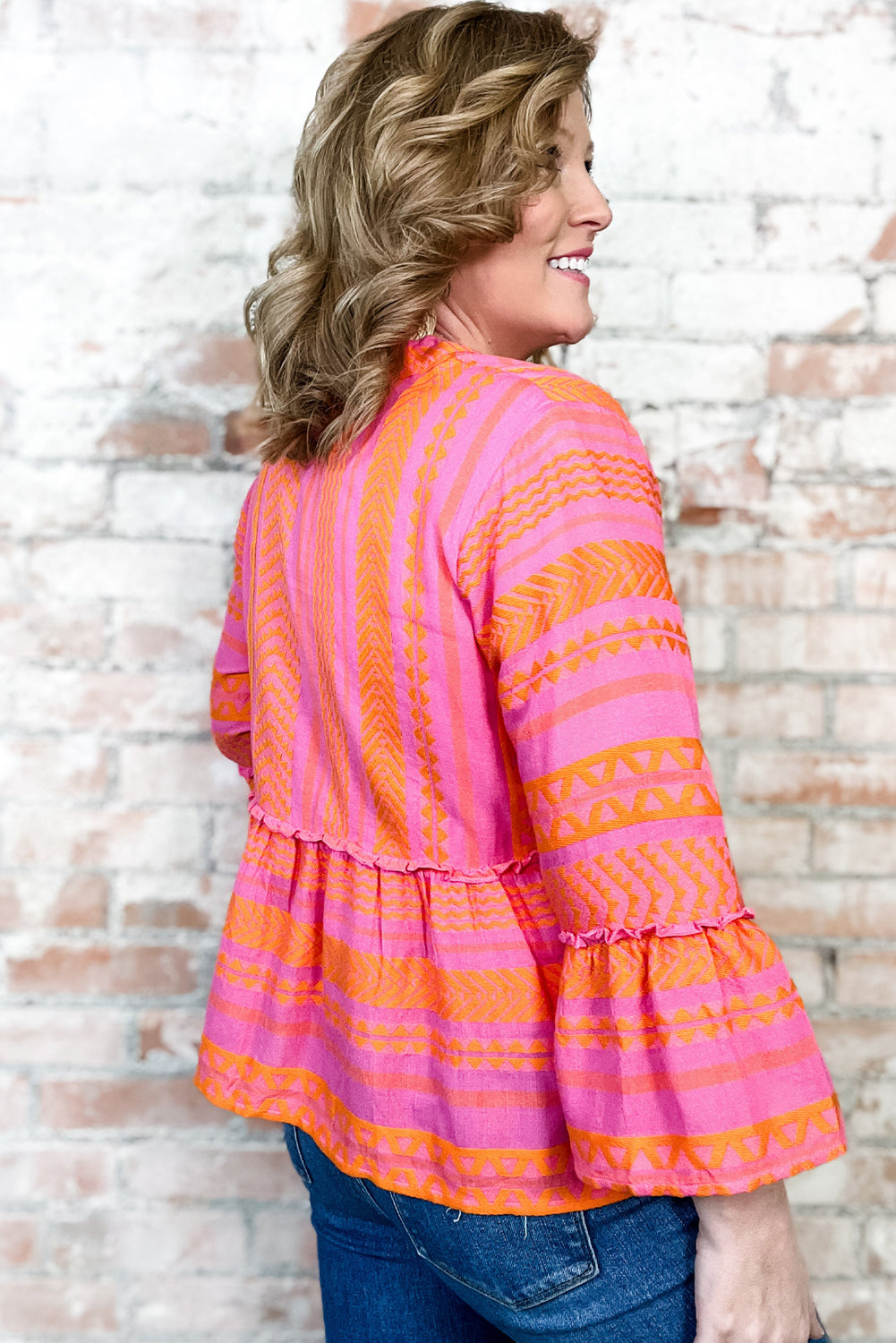 Vitality Orange Geometric Bell Sleeve Plus Size Babydoll Top