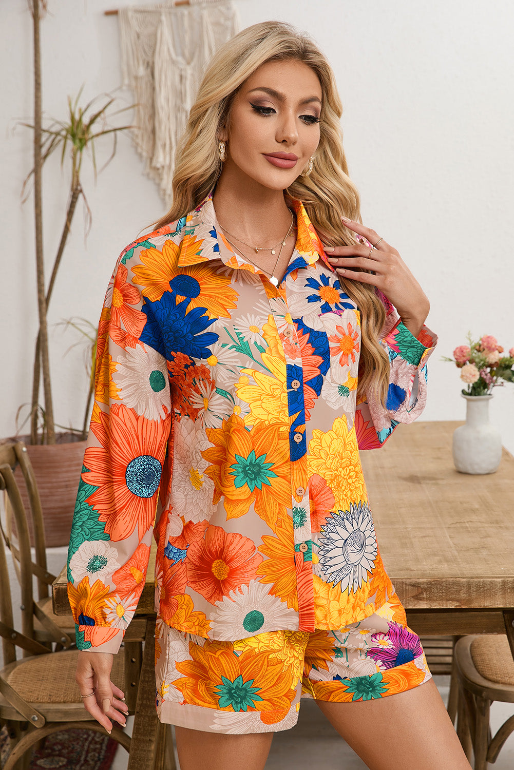 Orange Floral Print Lantern Sleeve Shirt & Drawstring Shorts Set