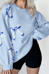 Beau Blue Bow Jacquard Pullover Knitted Sweater