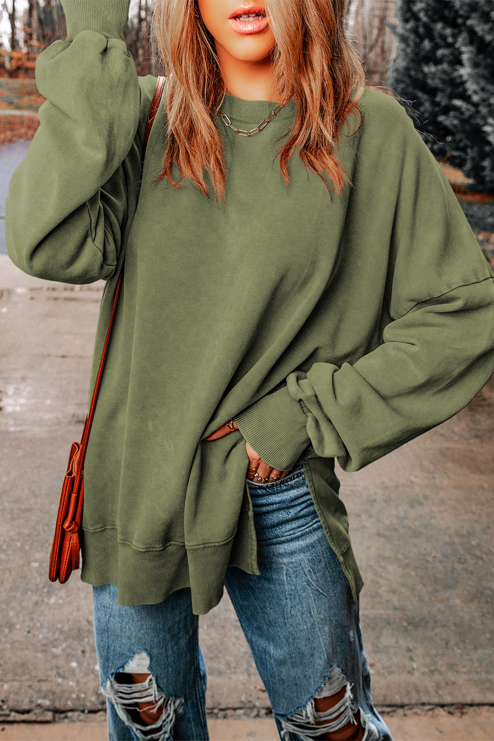 Green Plain Drop Shoulder Ribbed Trim Oversized Sweatshirt