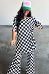 Black Checkered Print Half Sleeve Tunic Top and Flared Pants Set