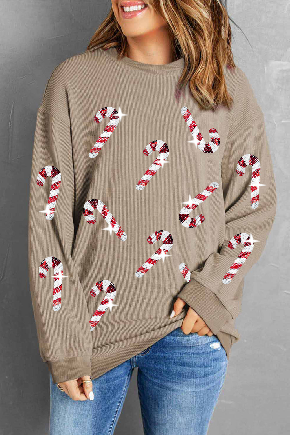 Pink Xmas Candy Cane Shining Graphic Corded Sweatshirt