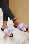 Pink Rainbow Striped Plush Cross Straps Slippers