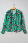 Green Leaves Print Contrast Trim V Neck Shirred Puff Sleeve Blouse