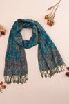 Peacock Blue Retro Paisley Print Tassel Trim Scarf