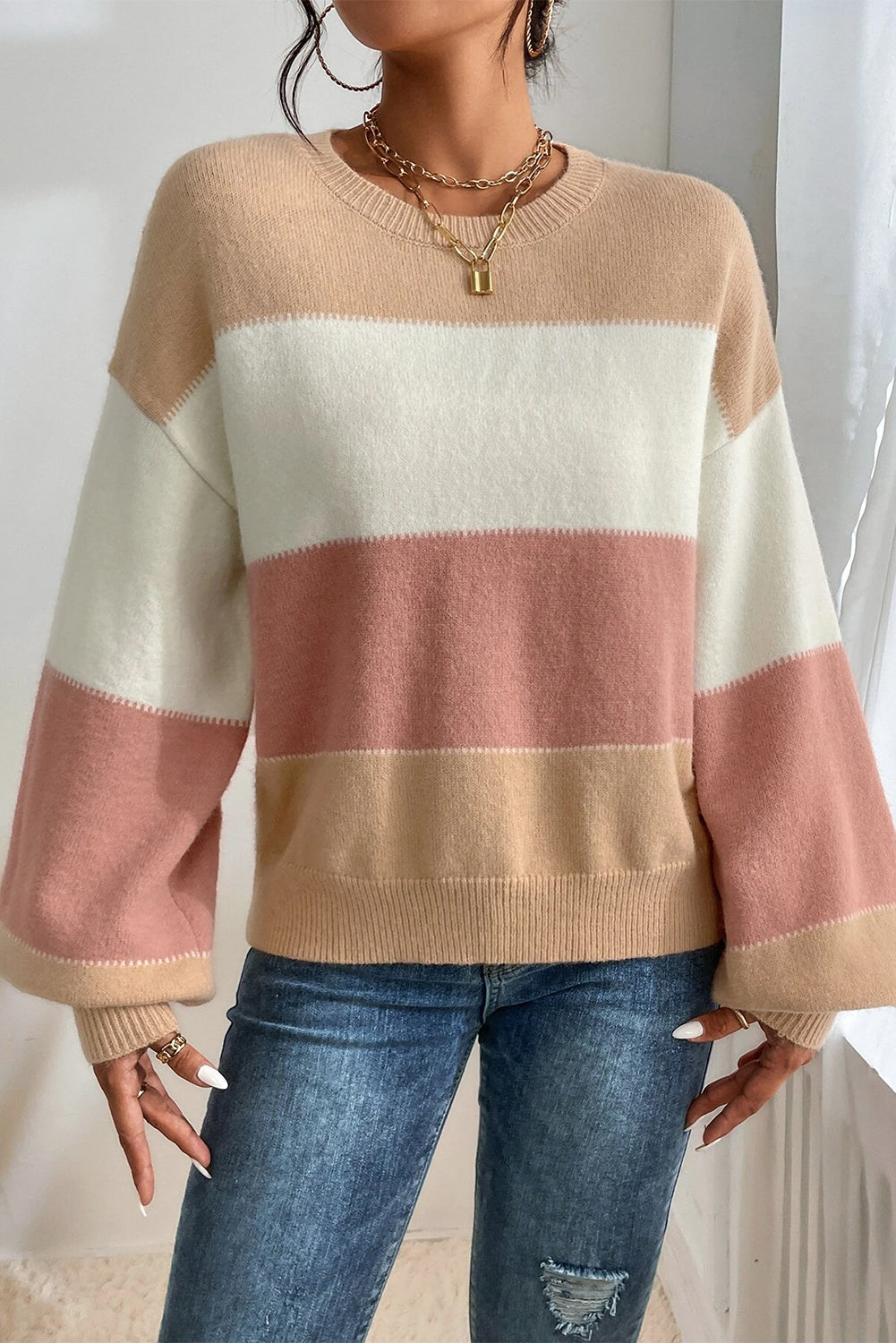 Dusty Pink Color Block Lantern Sleeve Drop Shoulder Sweater