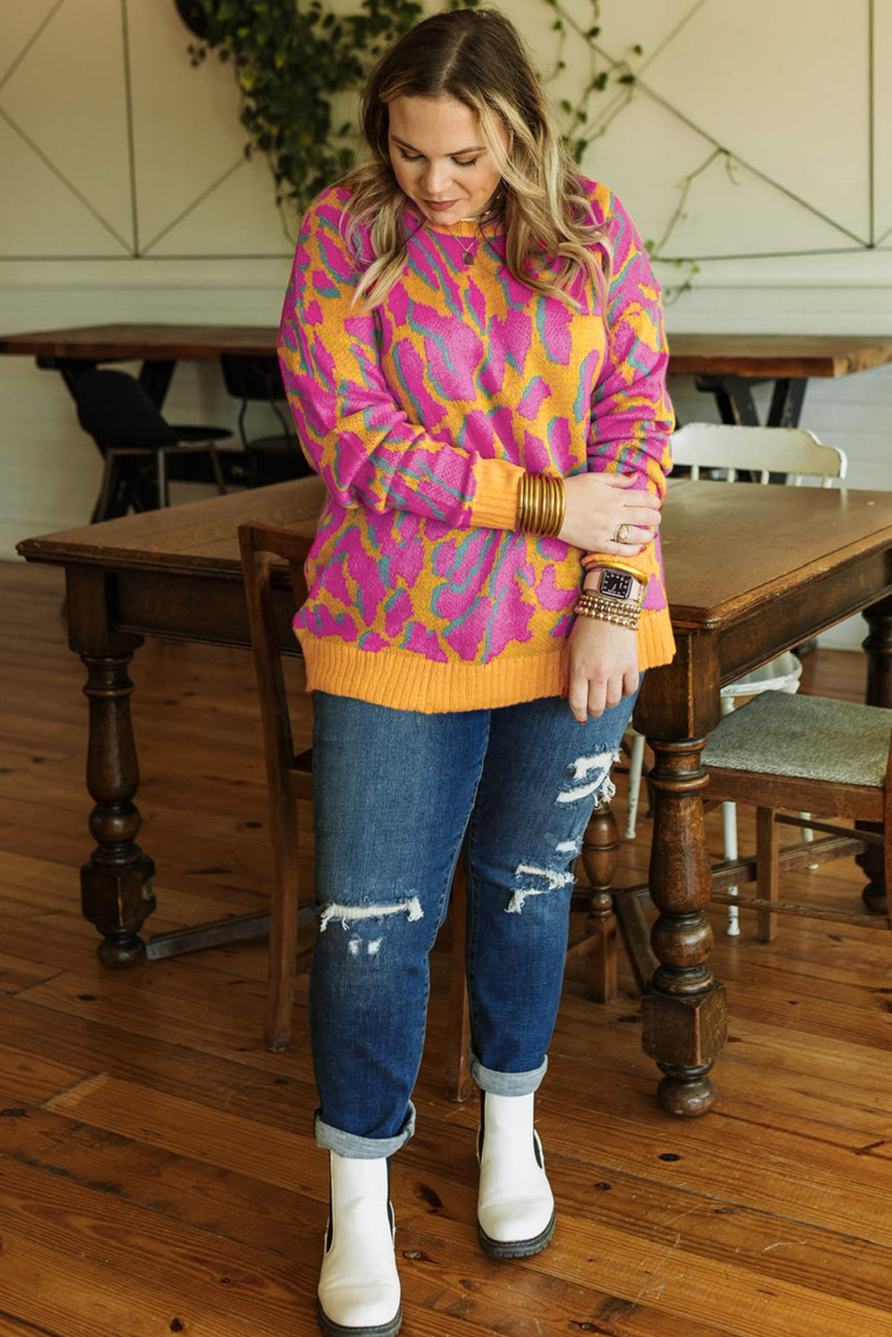 Bright Pink Plus Size Leopard Ribbed Trim Sweater