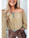 Beige Allover Leopard Print Off Long Sleeve Shoulder Blouse