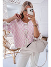 Light Pink Checkered Knitted Lace-up Ruffled 3/4 Sleeve Cardigan