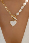 Gold Heart Shape Pendant Rhinestone Pearl Chain Necklace