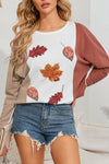 Apricot Colorblock Thanksgiving Sequin Fall Leaves Ribbed Knit Graphic Top