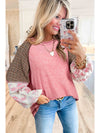 Fushia Floral Plaid Mixed Print Patchwork Raglan Ribbed Top