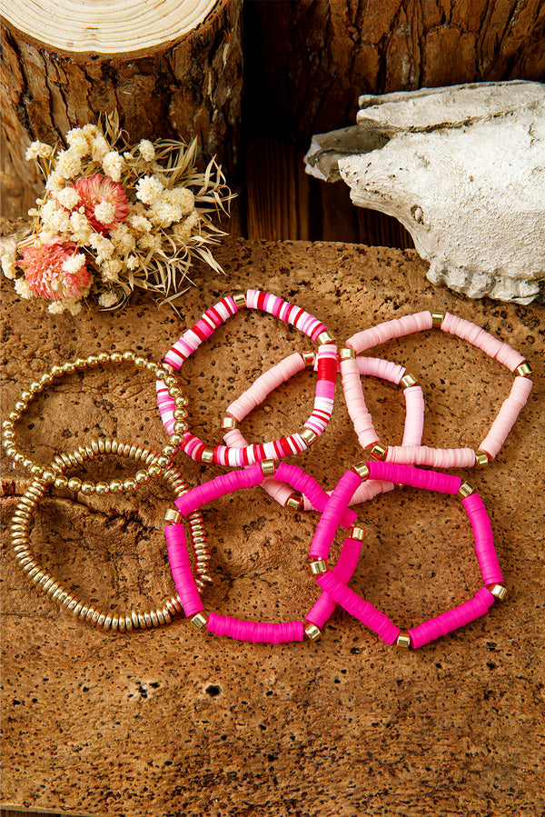 Bright Pink 7pcs Color Block Beaded Bracelet Set
