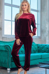 Red Solid Velvet Round Neck Top & Drawstring Pants Longe Set