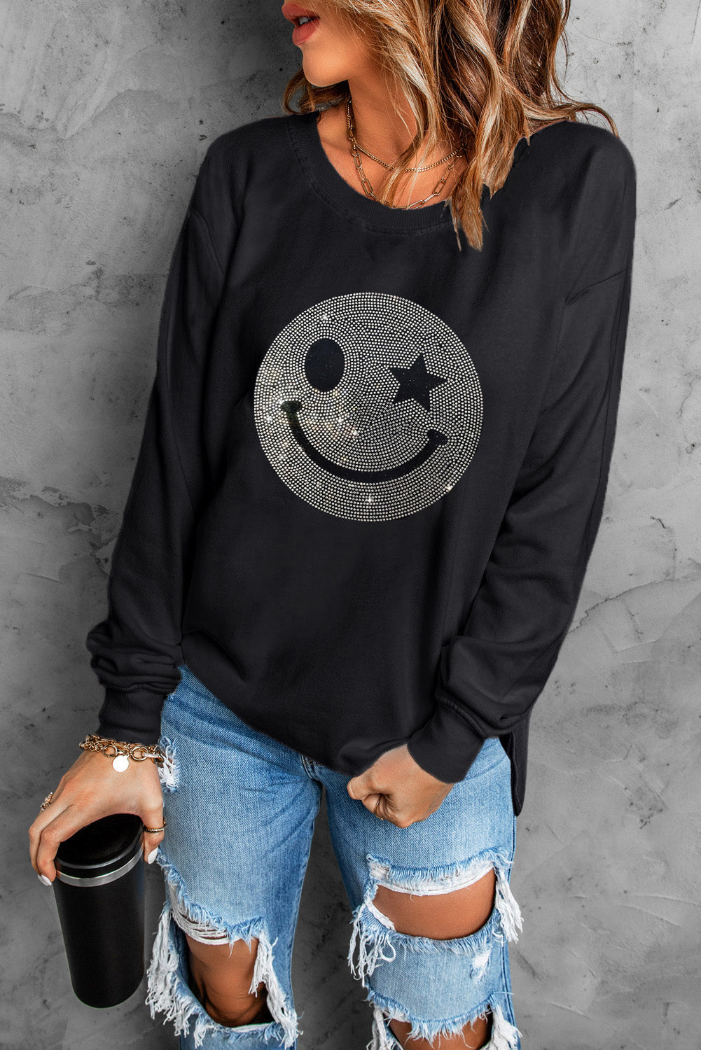 Valerian Rhinestone Smile Face Pattern High Low Hem Sweatshirt