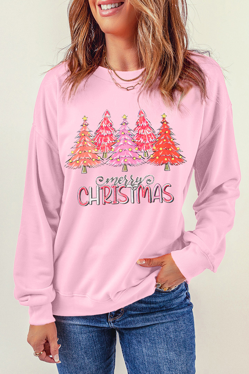 Pink Merry Christmas Tree Graphic Sweatshirt