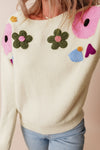 Crochet Flower Round Neck Dropped Shoulder Sweater - Cocoa Yacht Club