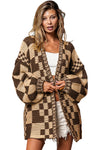 Dark Brown Colorblock Checked Loose Fit Open Front Knitted Cardigan