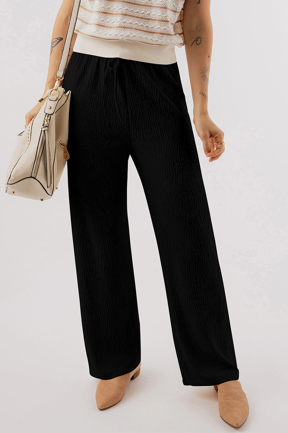 Black Solid Color Textured Loose Drawstring Pants