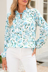 Sky Blue Boho Floral Print Long Sleeve V Neck Blouse