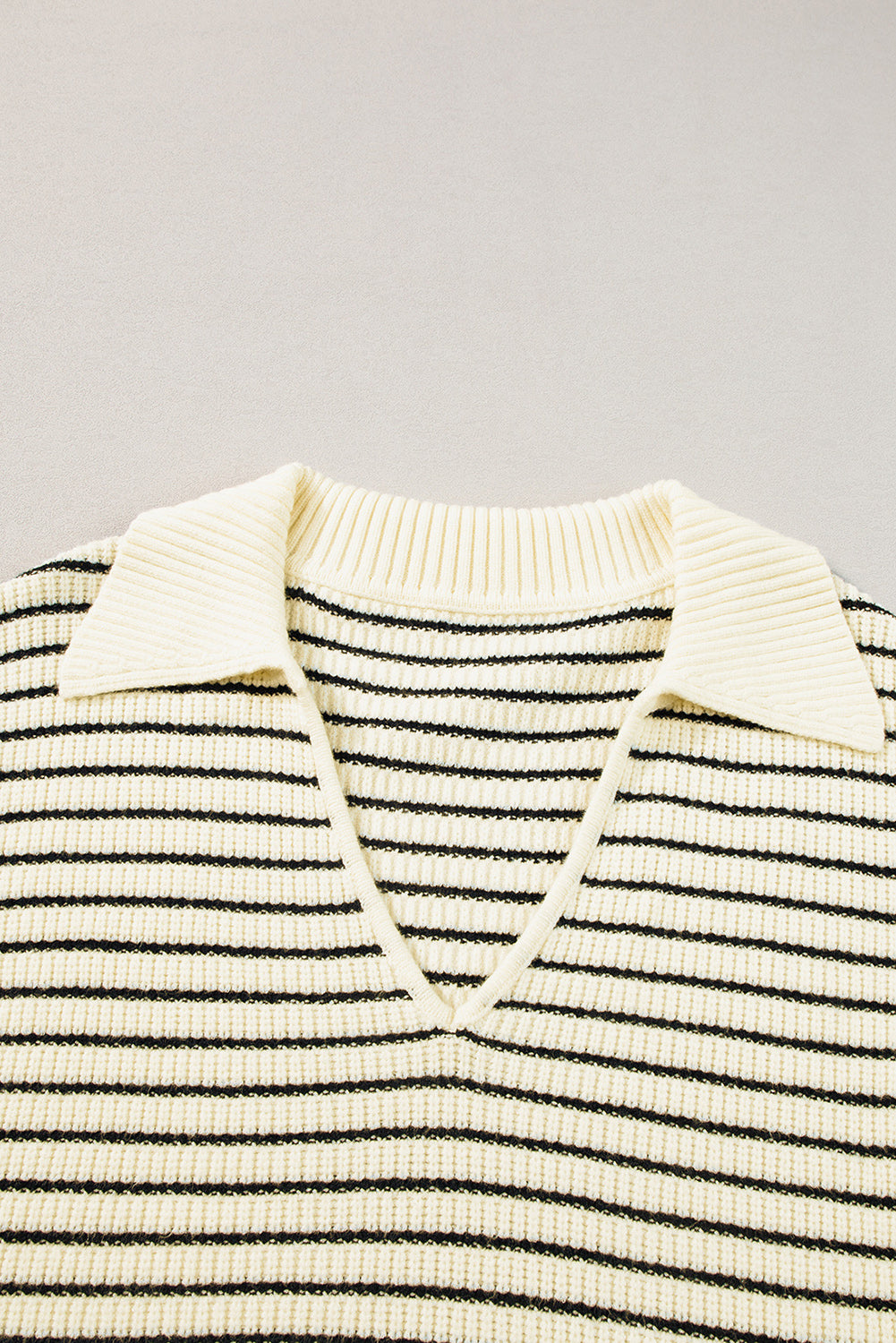 Beige Stripe Turn-down Collar Sleeveless Knitted Top