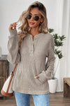 Simply Taupe Ribbed Texture Drop Shoulder Henley Knit Top