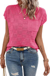 Bright Pink Lattice Textured Knit Chest Pocket Loose Blouse