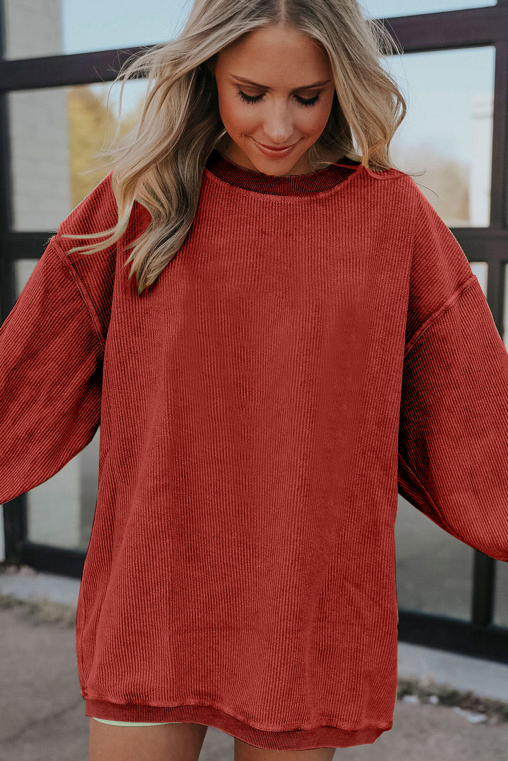 Light Grey Drop Shoulder Crinkle Rib Oversized Sweatshirt