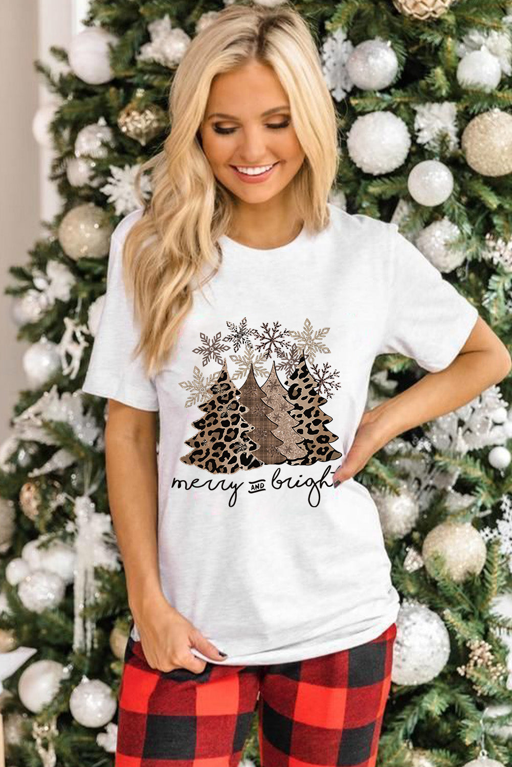 White Leopard Christmas Tree Casual Crew Neck Graphic Tee