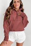 Flamingo Zip Up Stand Collar Ribbed Thumbhole Sleeve Sweatshirt