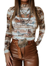 Brown Horses Print Cut-out Mock Neck Top