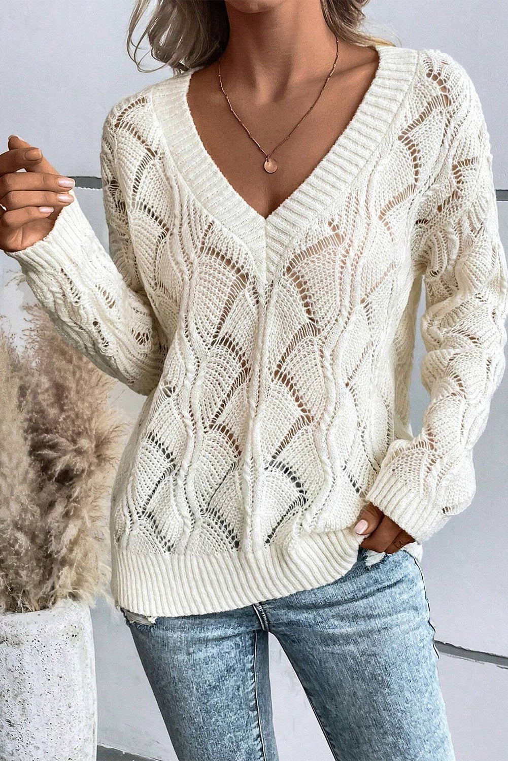 Sweaters Beige Knit Hollow Out V Neck Drop Shoulder Sweater.