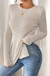 Jet Stream Striped Side Slit Round Neck Sheer Long Sleeve Top