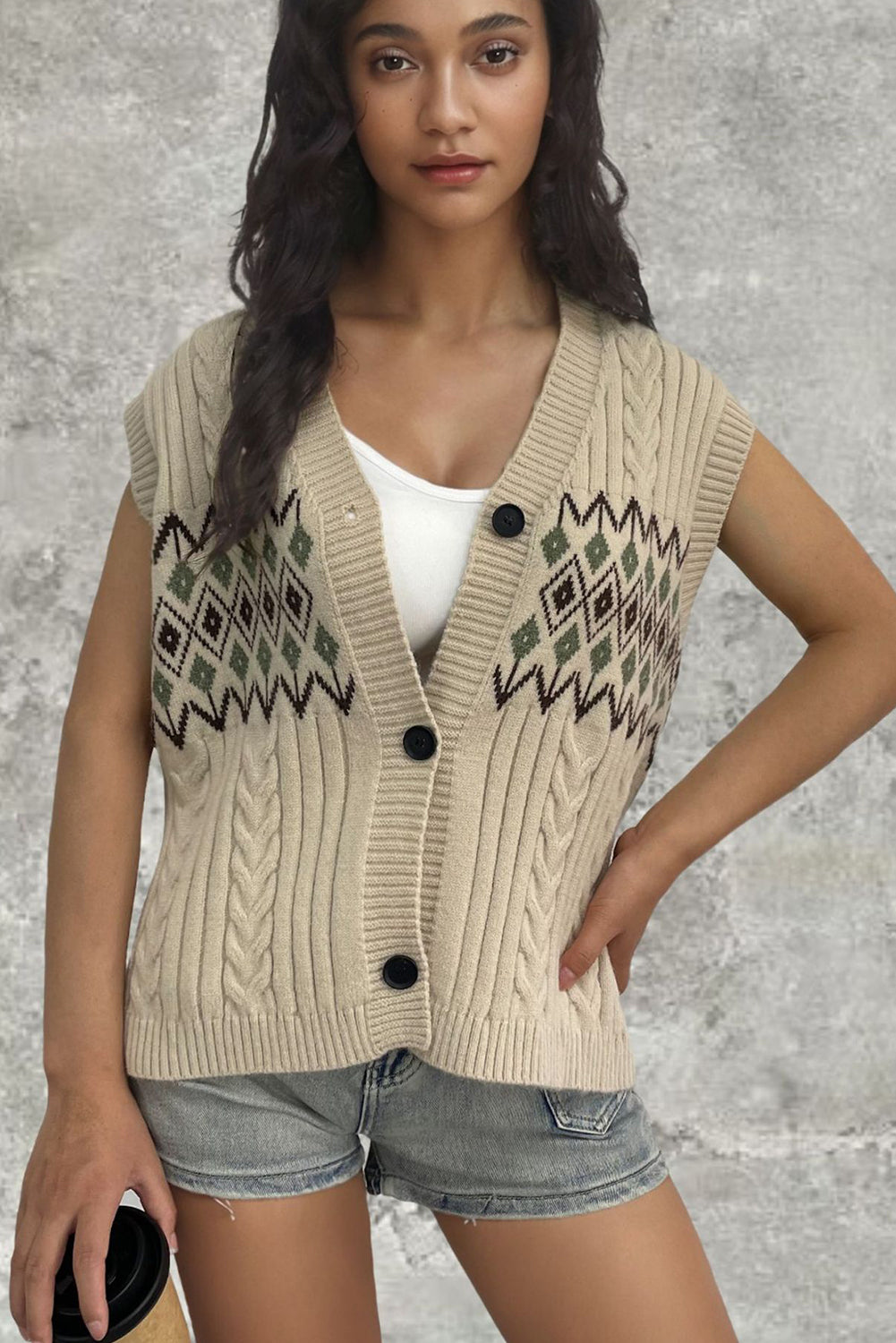 Khaki Geometric Knit Vest Cardigan