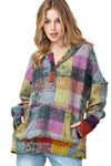 Multicolor Brushed Check Kangaroo Pocket Thumbholes Henley Hoodie