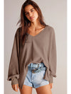 Coffee Waffle V Neck Drop Shoulder Loose Top