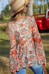 Orange Floral Bell Sleeve Pleated Blouse