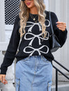 Angel Wings Bow Graphic Round Neck Long Sleeve Sweater - Cocoa Yacht Club