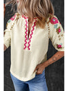 Black Floral Embroidered Ricrac Puff Sleeve Textured Blouse