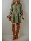 Tan Puff Sleeve Buttoned Tiered Pleated Mini Shirt Dress