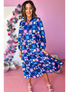 Blue Floral Peasant Sleeve Tiered Ruffle Midi Dress